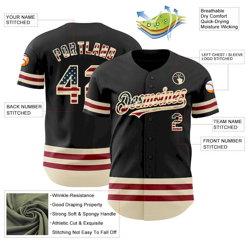 3DPattern3126-2.webp Custom Black Vintage USA Flag-Cream Line Authentic Baseball Jersey - Image 3