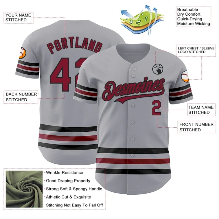Custom Gray Crimson-Black Line Authentic Baseball Jersey - Image 3