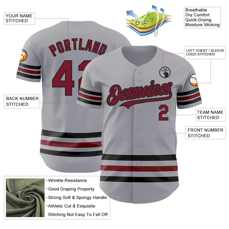3DPattern3403-2.webp Custom Gray Crimson-Black Line Authentic Baseball Jersey - Image 3