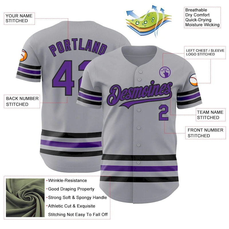 3DPattern3406-2.webp Custom Gray Purple-Black Line Authentic Baseball Jersey - Image 3