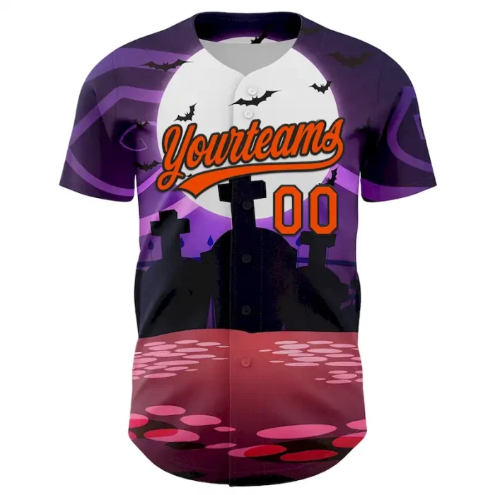 Custom Purple Orange-Black 3D Halloween Authentic Baseball Jersey - Image 2