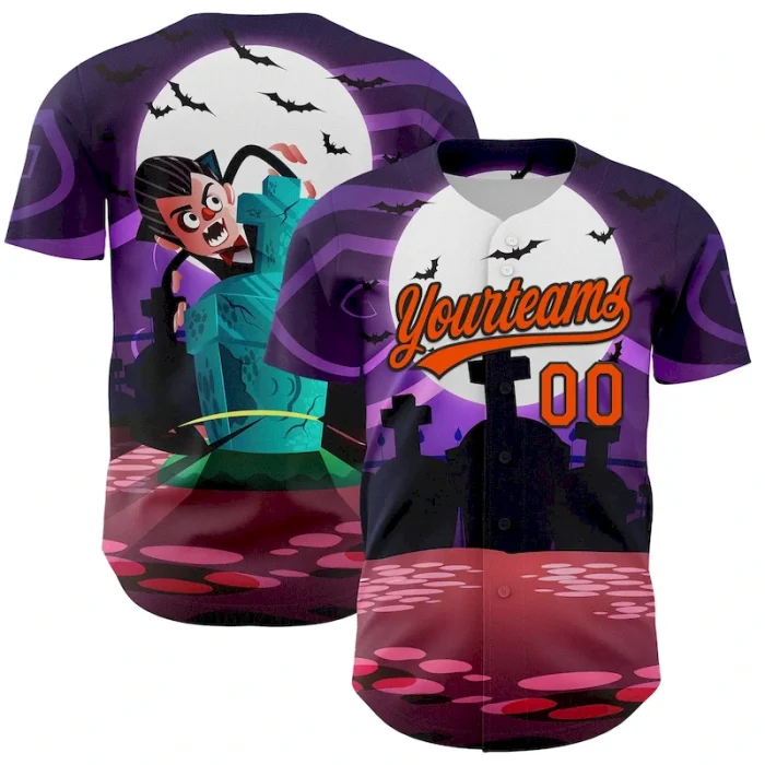 Custom Purple Orange-Black 3D Halloween Authentic Baseball Jersey - Image 1