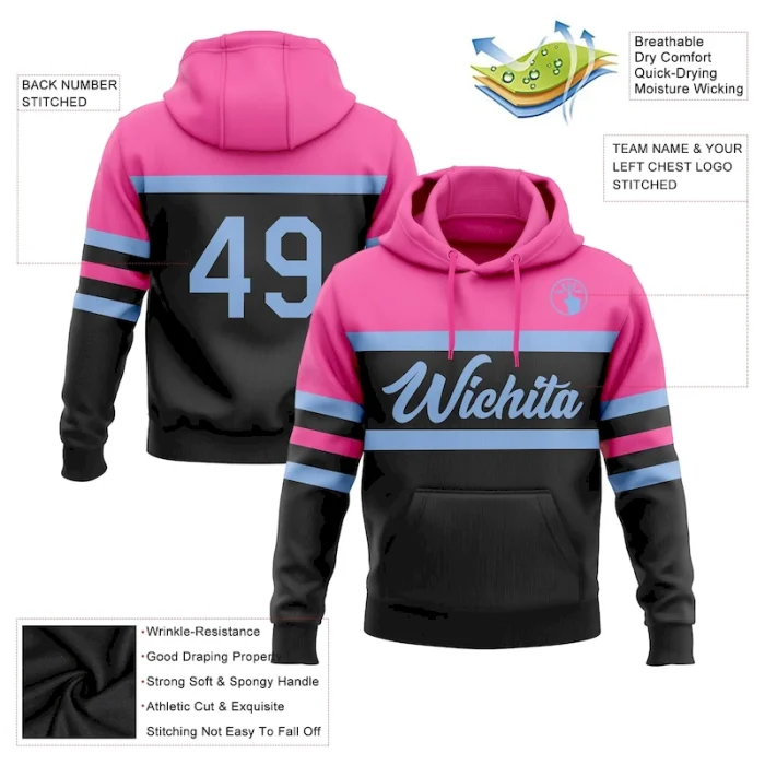 Custom Stitched Black Light Blue-Pink Line Sports Pullover Sweatshirt Hoodie - Image 2