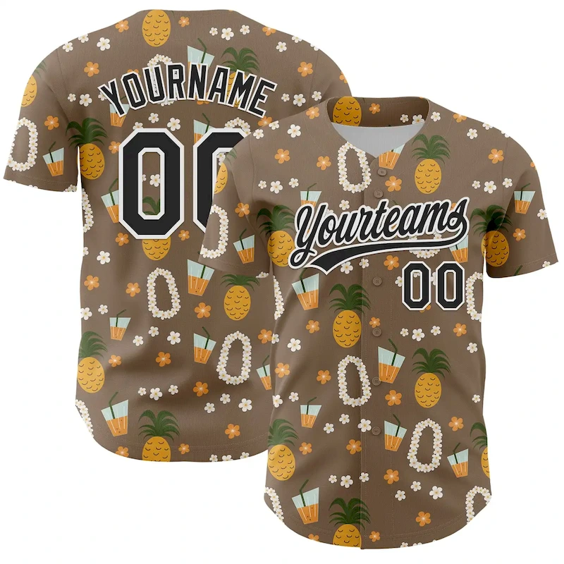 3DPattern6760-2.webp Custom Brown Black-White 3D Hawaii Flower And Fruit Pineapple Authentic Baseball Jersey - Image 3
