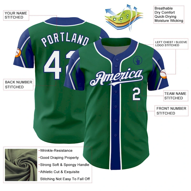 ArmShapes0080-3.webp Custom Kelly Green White-Royal 3 Colors Arm Shapes Authentic Baseball Jersey - Image 4