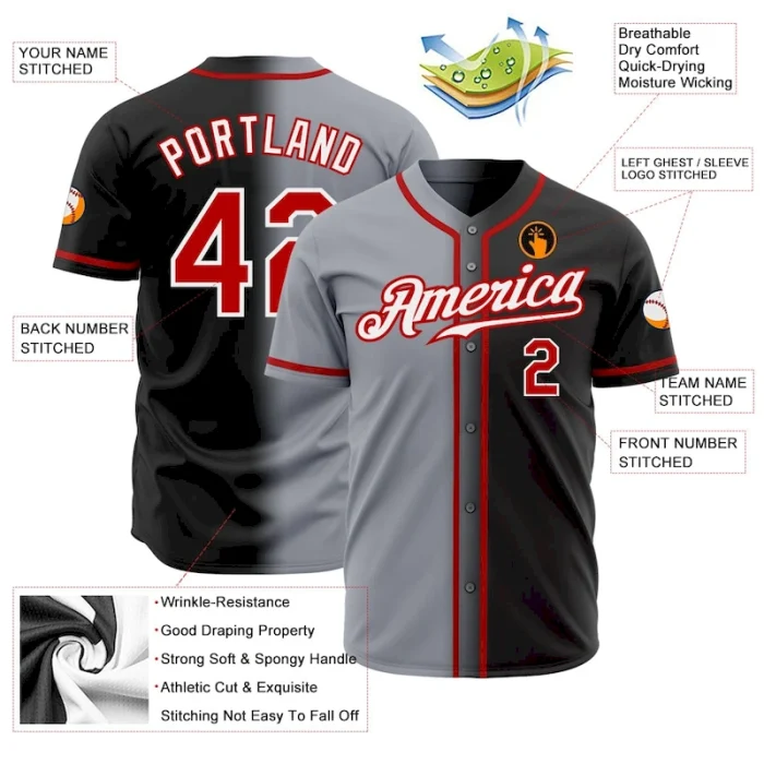 Custom Black Red Gray-White Authentic Gradient Fashion Baseball Jersey - Image 2