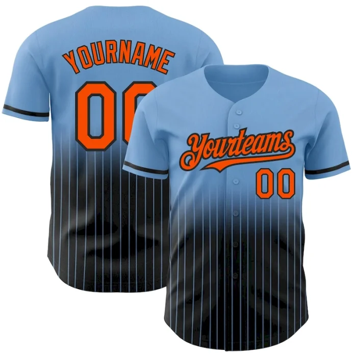 Custom Light Blue Pinstripe Orange-Black Authentic Fade Fashion Baseball Jersey - Image 1