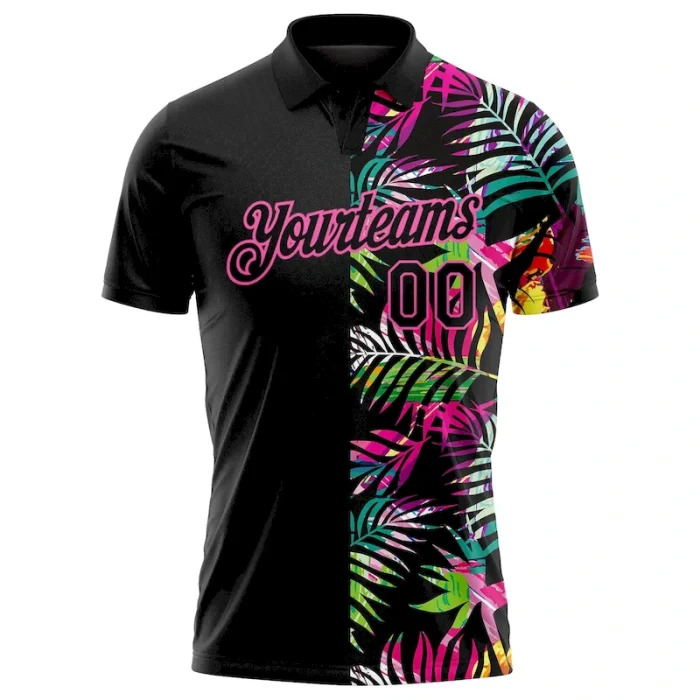 Custom Black Pink 3D Pattern Design Tropical Hawaii Palm Leaves Performance Golf Polo Shirt - Image 3