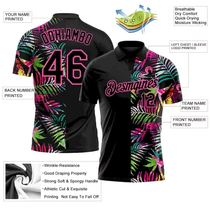 Custom Black Pink 3D Pattern Design Tropical Hawaii Palm Leaves Performance Golf Polo Shirt - Image 4