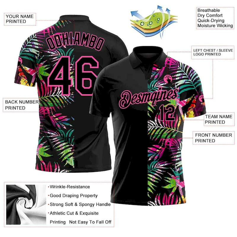 GolfPolo0384-2.webp Custom Black Pink 3D Pattern Design Tropical Hawaii Palm Leaves Performance Golf Polo Shirt - Image 4