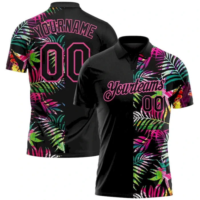 Custom Black Pink 3D Pattern Design Tropical Hawaii Palm Leaves Performance Golf Polo Shirt - Image 1