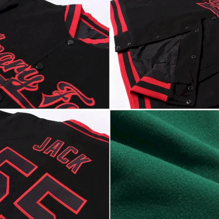 Custom Kelly Green White-Red Bomber Full-Snap Varsity Letterman Jacket - Image 4