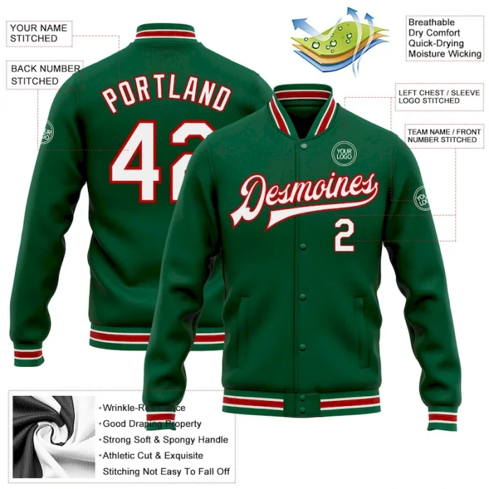 Custom Kelly Green White-Red Bomber Full-Snap Varsity Letterman Jacket - Image 5