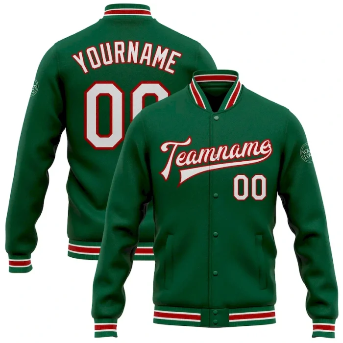 Custom Kelly Green White-Red Bomber Full-Snap Varsity Letterman Jacket - Image 1