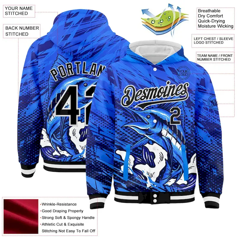 Jacket3779-4.webp Custom Royal Black-White Marlin Fish Fishing 3D Bomber Full-Snap Varsity Letterman Hoodie Jacket - Image 3