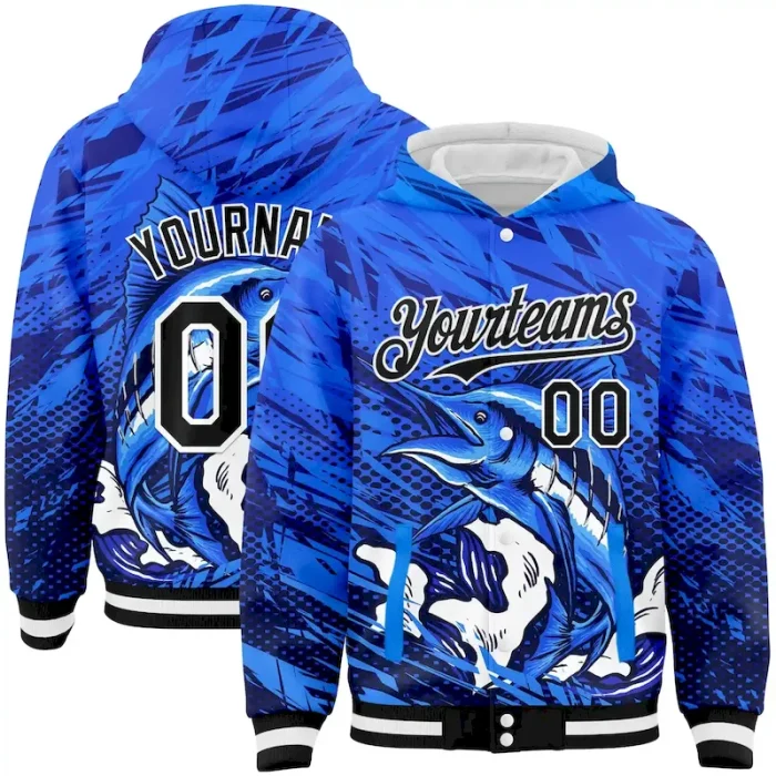 Custom Royal Black-White Marlin Fish Fishing 3D Bomber Full-Snap Varsity Letterman Hoodie Jacket - Image 1