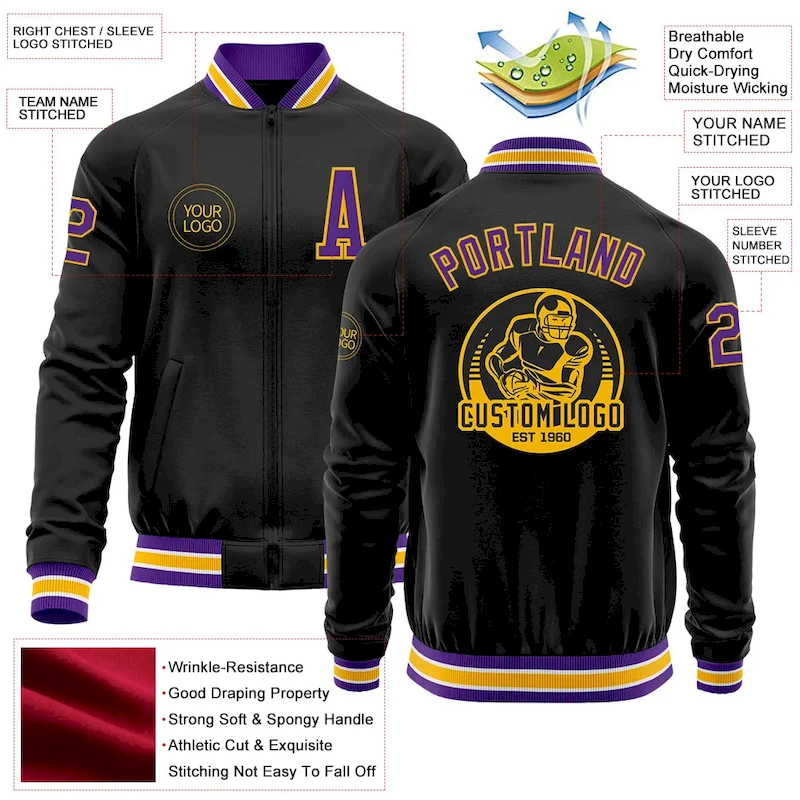 Jacket3862-4.webp Custom Black Purple-Gold Bomber Varsity Letterman Zipper Jacket - Image 3