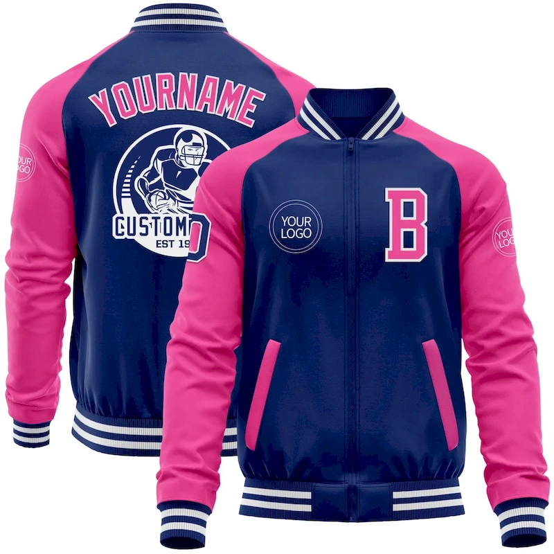 Jacket5103.webp Custom Royal Pink-White Bomber Varsity Letterman Two Tone Zipper Jacket - Image 1