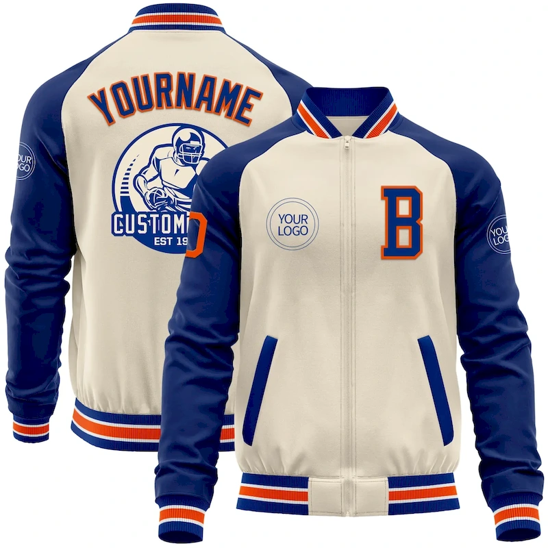 Jacket5344.webp Custom Cream Orange Royal-White Bomber Varsity Letterman Two Tone Zipper Jacket - Image 1