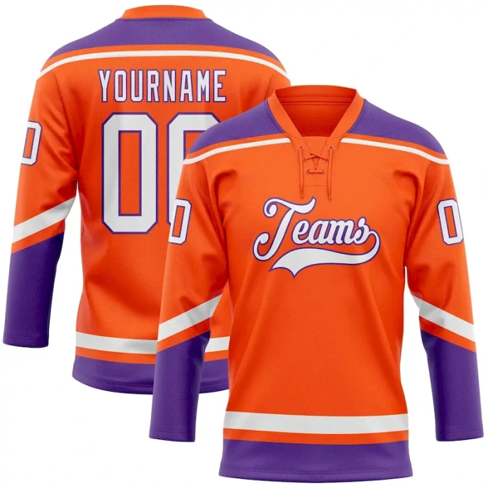 Custom Orange White-Purple Hockey Lace Neck Jersey - Image 1