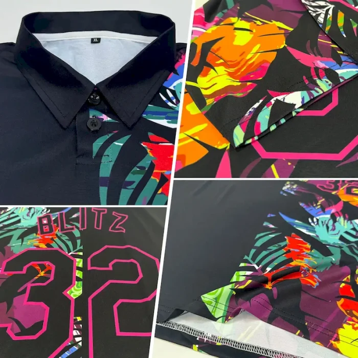 Custom Black Pink 3D Pattern Design Tropical Hawaii Palm Leaves Performance Golf Polo Shirt - Image 2