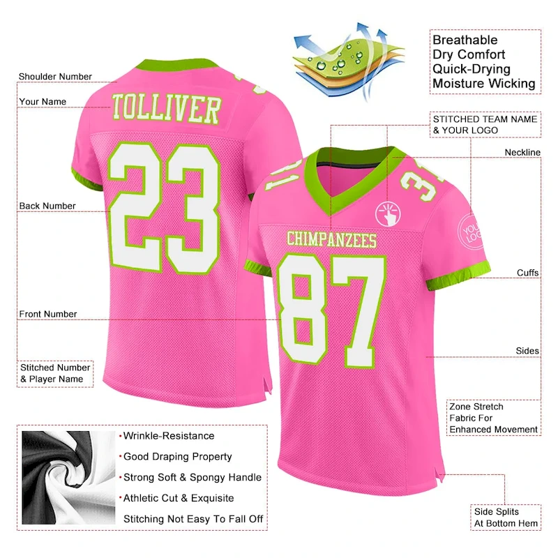 Pink0275-1.webp Custom Pink White-Neon Green Mesh Authentic Football Jersey - Image 2