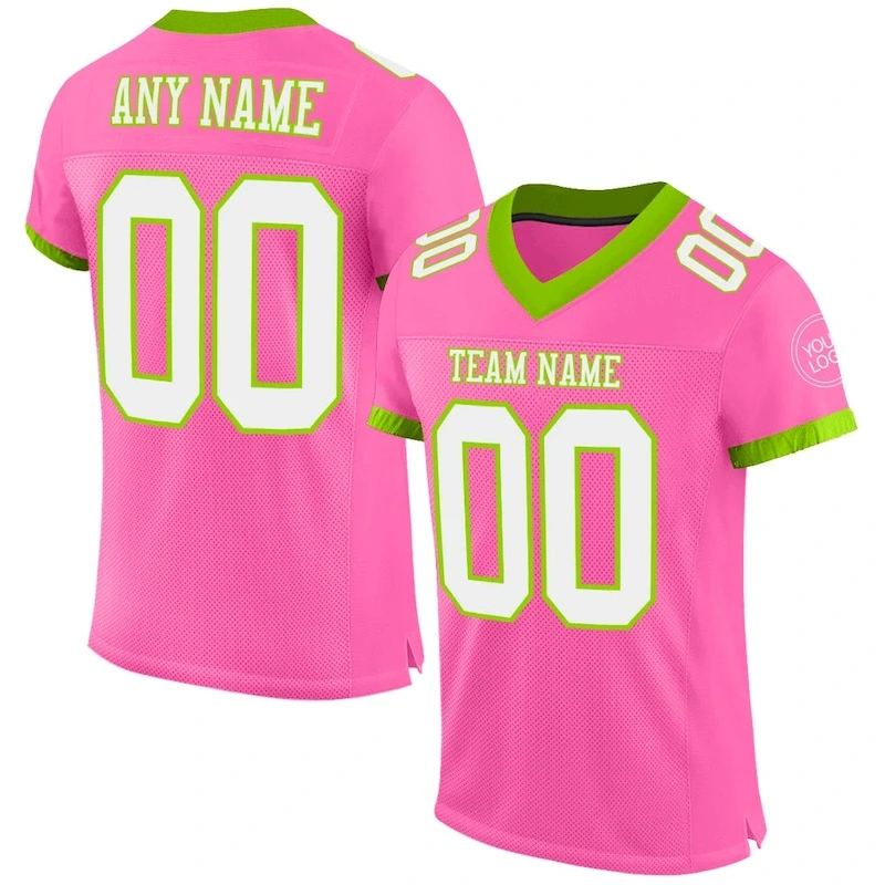Pink0275.webp Custom Pink White-Neon Green Mesh Authentic Football Jersey - Image 1