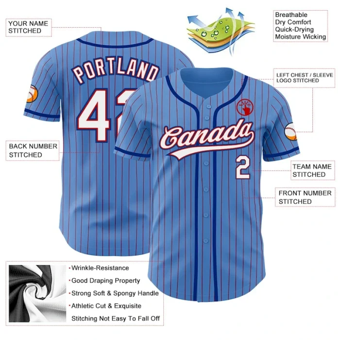 Custom Powder Blue Red Pinstripe White-Royal Authentic Baseball Jersey - Image 3