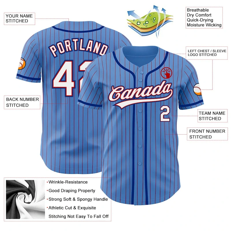 PowderBlue0232-2.webp Custom Powder Blue Red Pinstripe White-Royal Authentic Baseball Jersey - Image 3