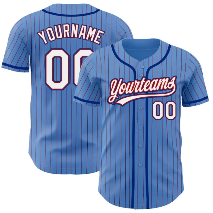 Custom Powder Blue Red Pinstripe White-Royal Authentic Baseball Jersey - Image 1