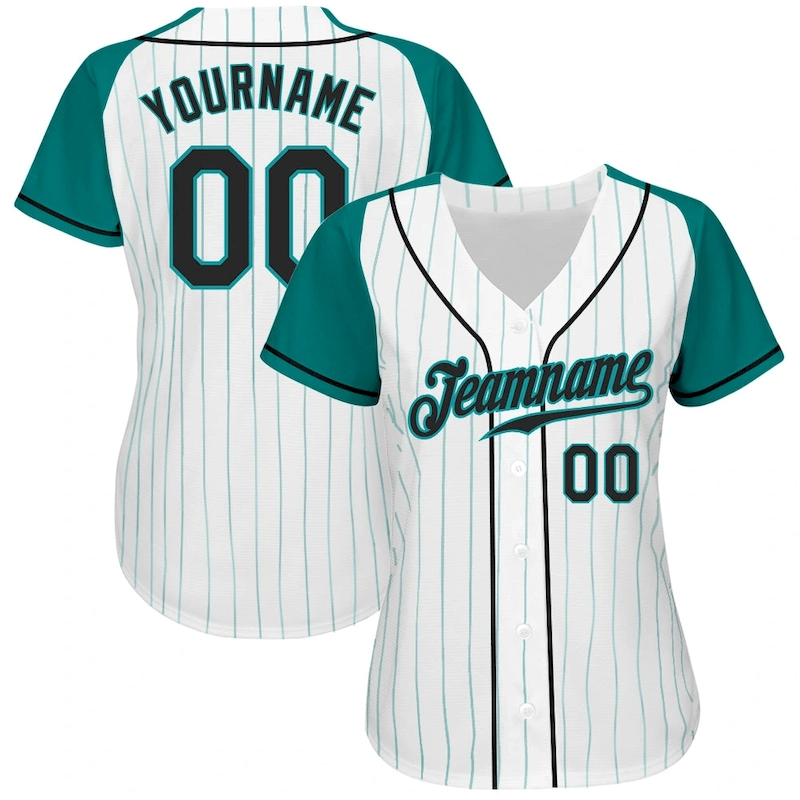 RaglanSleeves0070-1.webp Custom White Aqua Pinstripe Black-Aqua Authentic Raglan Sleeves Baseball Jersey - Image 2