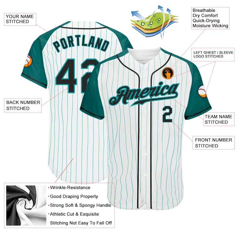 RaglanSleeves0070-2.webp Custom White Aqua Pinstripe Black-Aqua Authentic Raglan Sleeves Baseball Jersey - Image 3