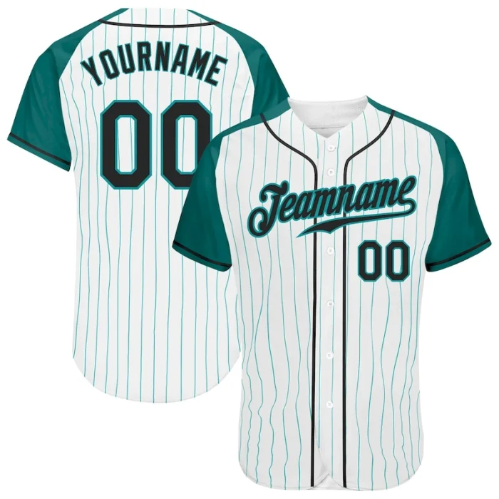 Custom White Aqua Pinstripe Black-Aqua Authentic Raglan Sleeves Baseball Jersey - Image 1