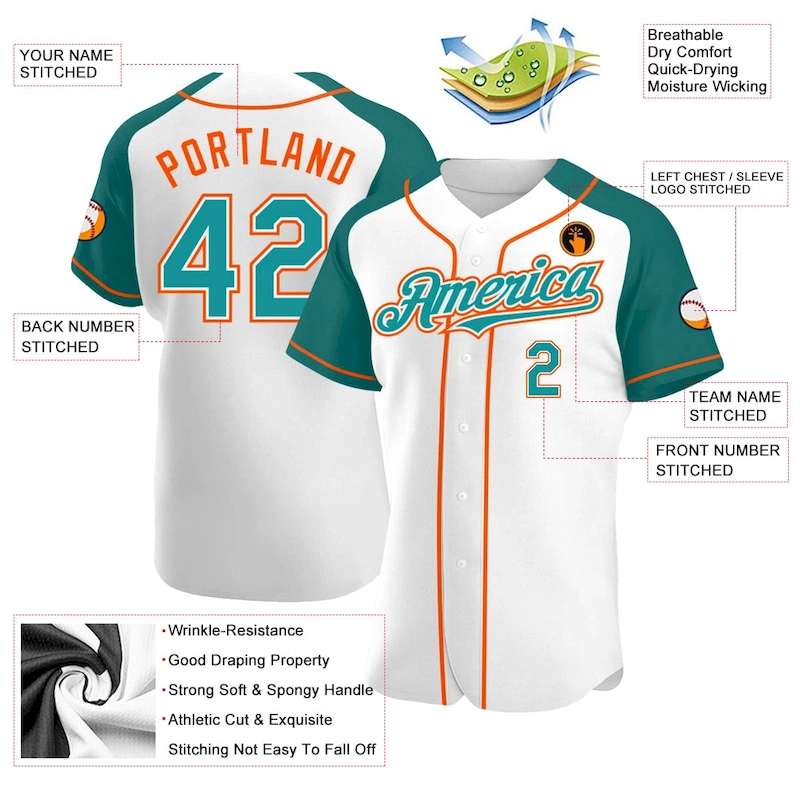RaglanSleeves0166-2.webp Custom White Teal-Orange Authentic Raglan Sleeves Baseball Jersey - Image 3