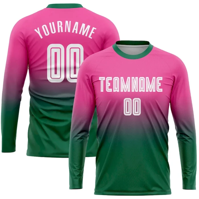 Custom Pink White-Kelly Green Sublimation Long Sleeve Fade Fashion Soccer Uniform Jersey - Image 1