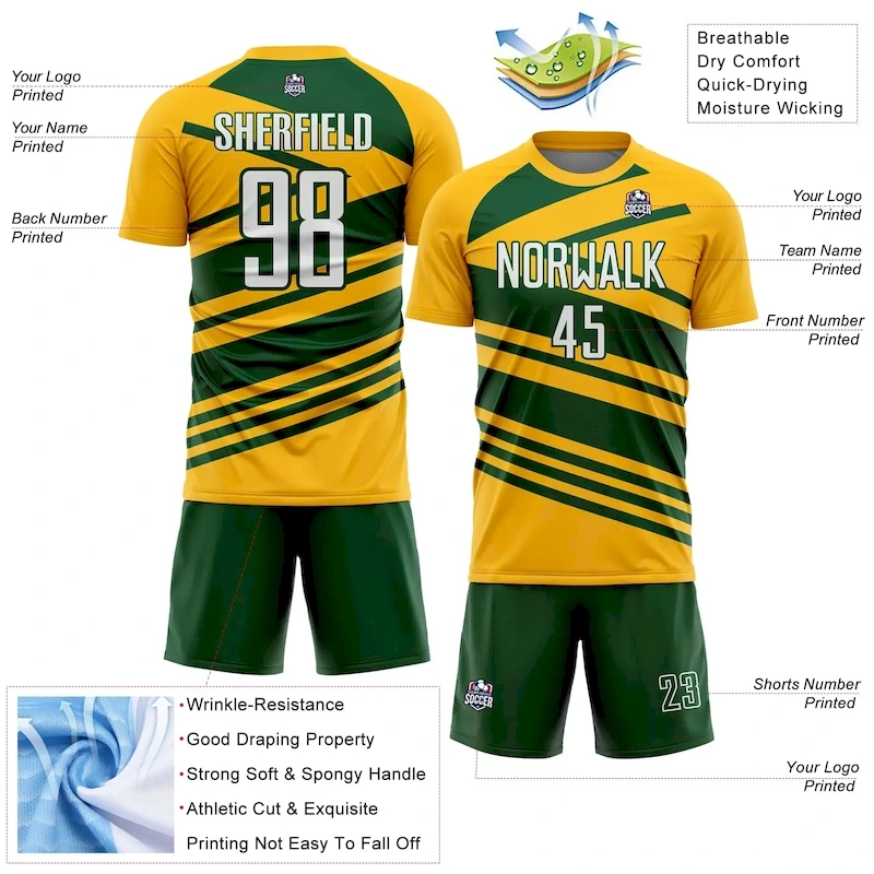 Soccer2319-3.webp Custom Gold White-Green Line Sublimation Soccer Uniform Jersey - Image 4