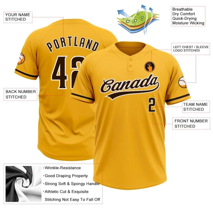 Custom Gold Brown-White Two-Button Unisex Softball Jersey - Image 3