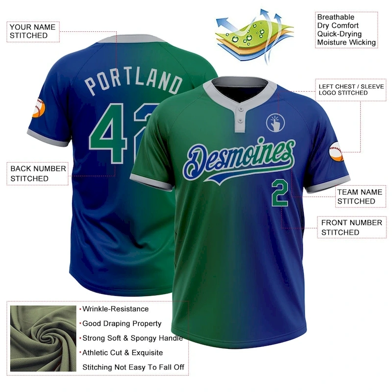 Softball1436-2.webp Custom Royal Kelly Green-Gray Gradient Fashion Two-Button Unisex Softball Jersey - Image 3