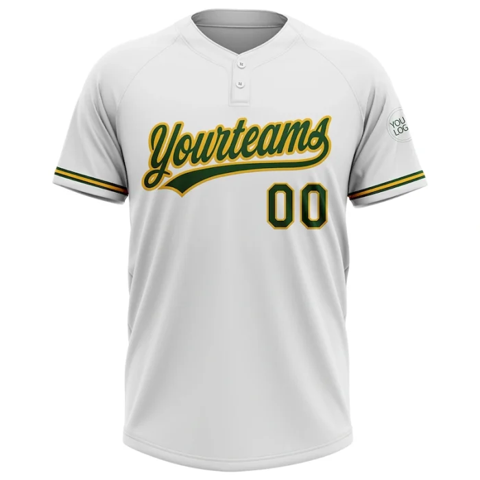 Custom White Green-Gold Two-Button Unisex Softball Jersey - Image 2
