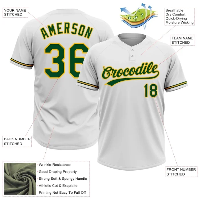 Custom White Green-Gold Two-Button Unisex Softball Jersey - Image 3