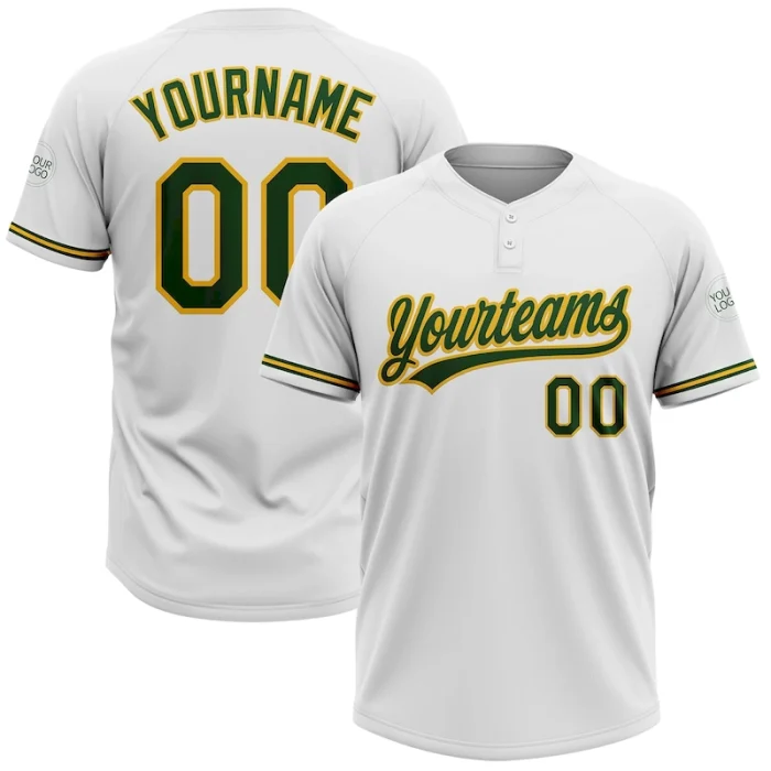 Custom White Green-Gold Two-Button Unisex Softball Jersey - Image 1