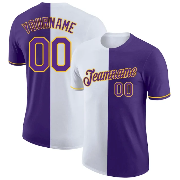 Custom Purple White-Yellow Split Fashion Performance T-Shirt - Image 1
