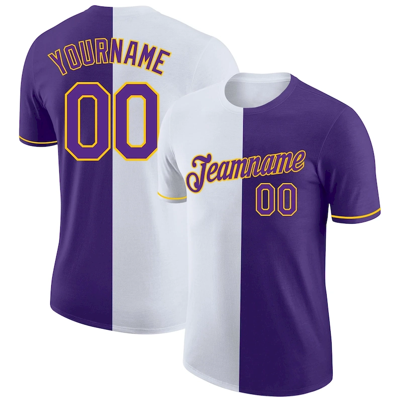 SplitF0841.webp Custom Purple White-Yellow Split Fashion Performance T-Shirt - Image 1