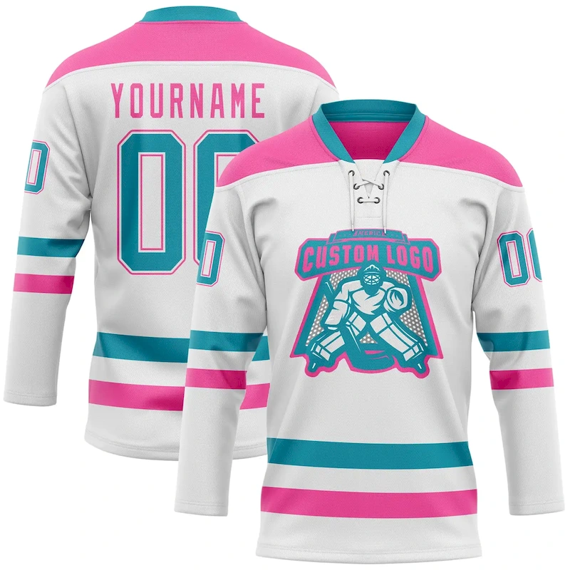 White1942-1.webp Custom White Teal-Pink Hockey Lace Neck Jersey - Image 2