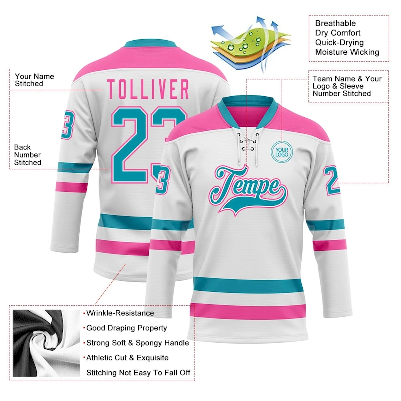 White1942-2.webp Custom White Teal-Pink Hockey Lace Neck Jersey - Image 3