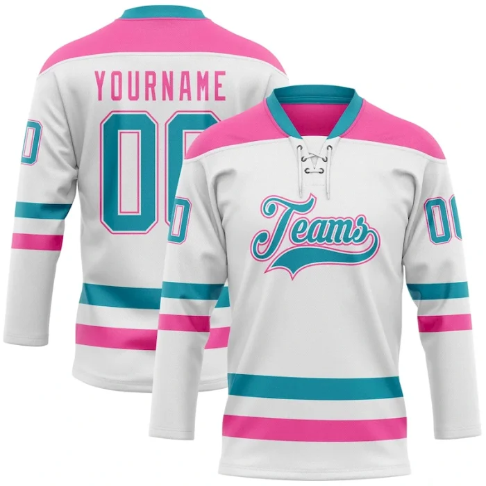 Custom White Teal-Pink Hockey Lace Neck Jersey - Image 1